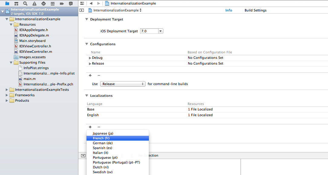 Adding a localization in Xcode project settings